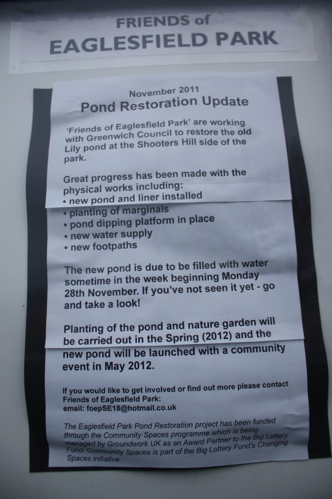 Friends of Eaglesfield Park Poster announcing Pond Launch in May 2012