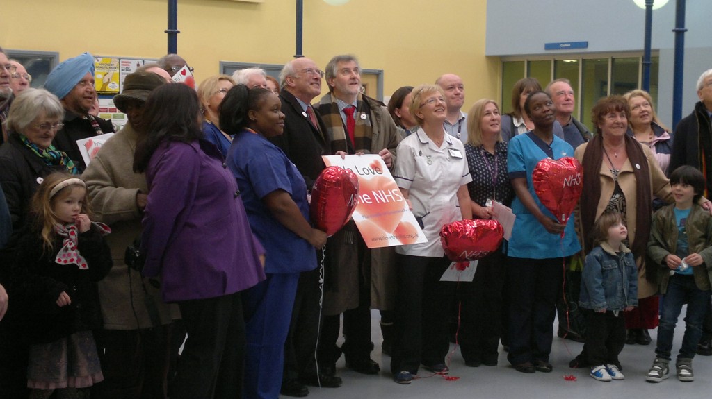 Clive Efford (centre) and friends giving a Valentines Day card to the Queen Elizabeth Hospital