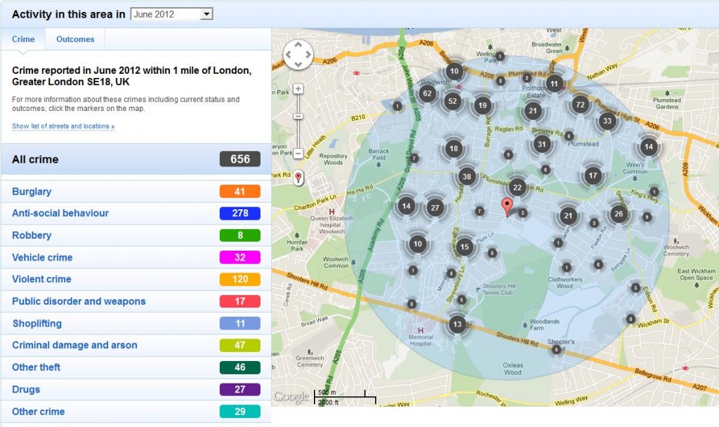 Snippet of police.uk website showing reported crime around Shooters Hill