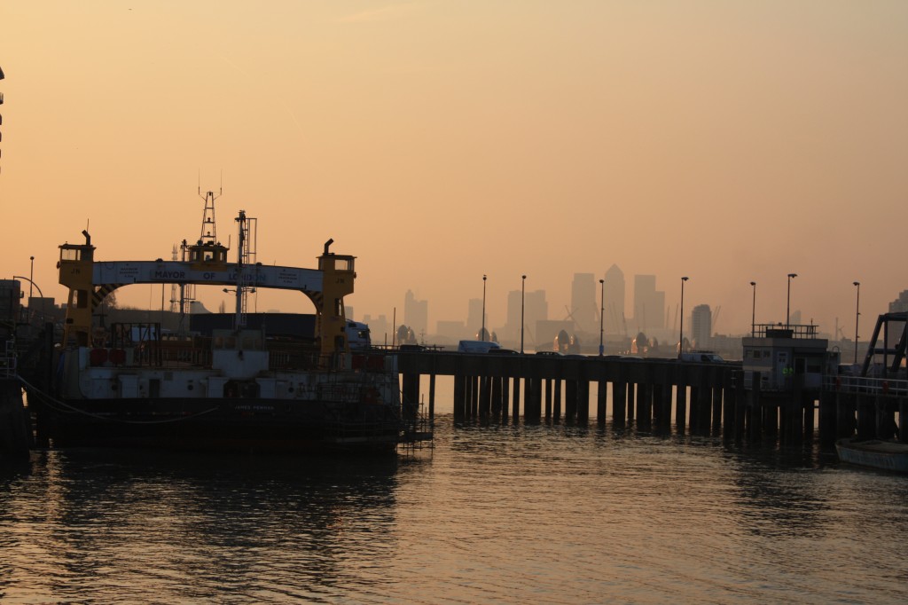 Docked Woolwich Free Ferry at Sunset