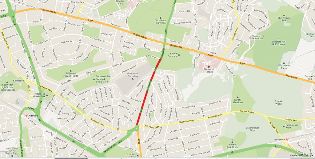 Google Maps snippet showing the blocked section of Well Hall Road