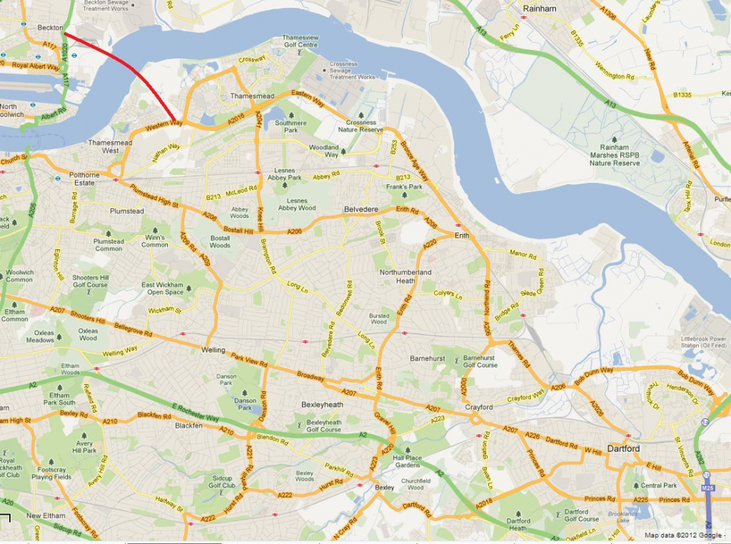 Google Maps snippet showing where the Gallions Reach Bridge would be