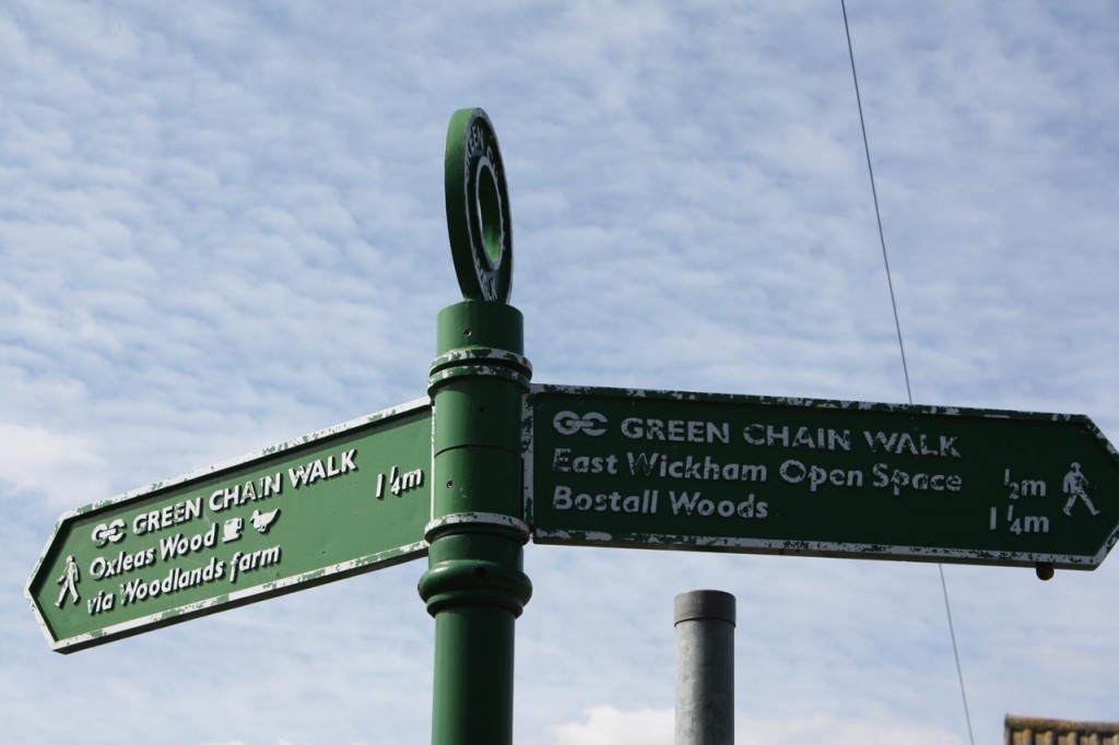 Green Chain Walk signpost at corner of Keats Road and Dryden Road