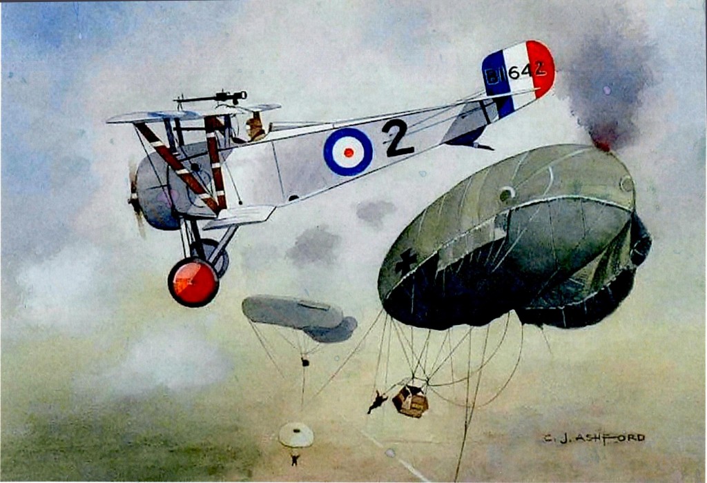 Nieuport Scout of Royal Flying Corps No. 40 Squadron attacks an observation balloon