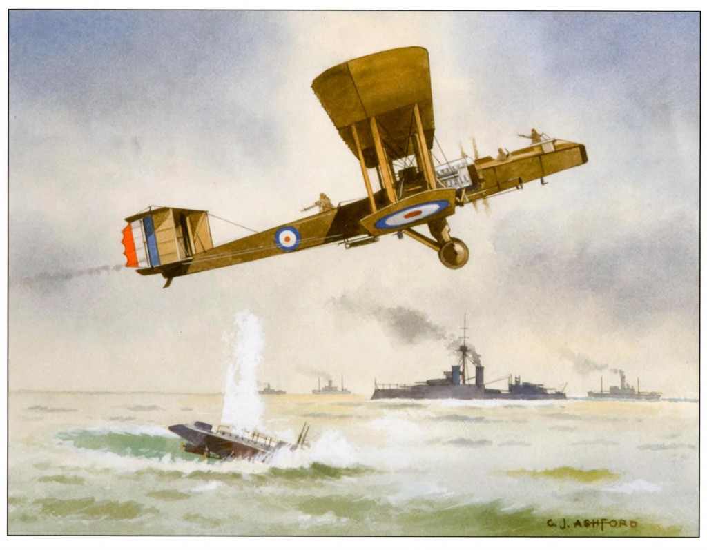 A Blackburn Kangaroo bombs an enemy submarine in the First World War