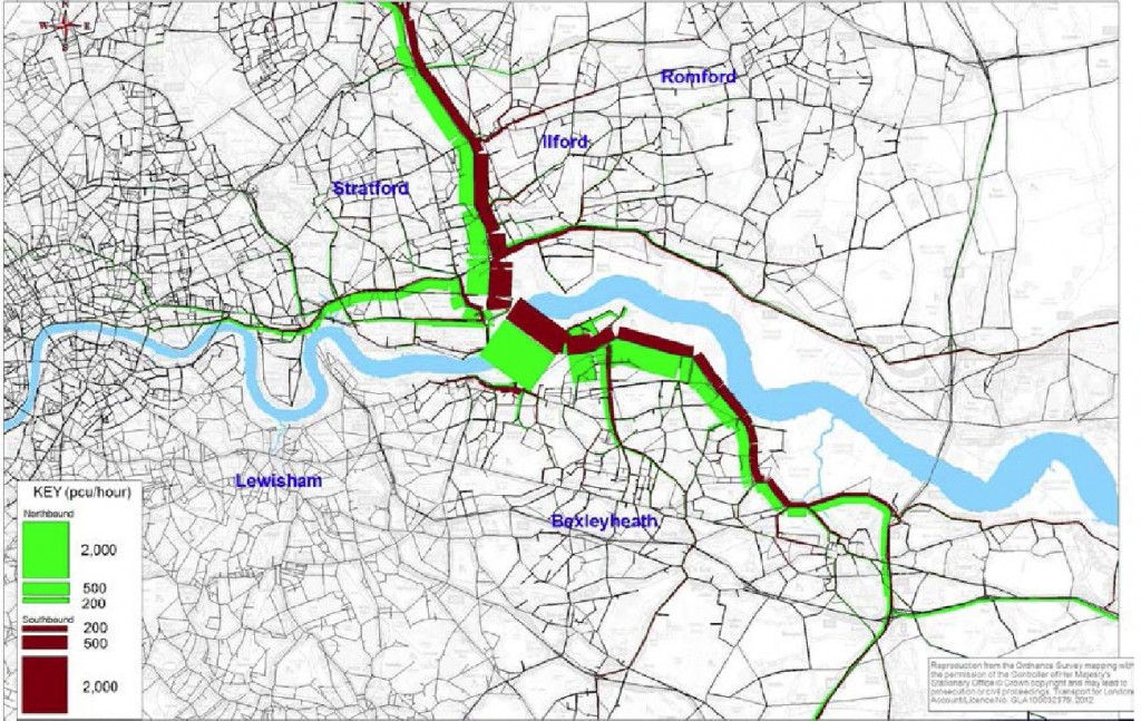 Routing of trips using a charged Gallions Bridge from TfL's Traffic Impact Report