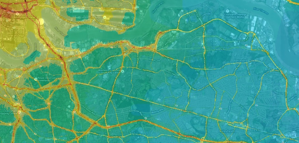 Modelled annual mean NO2 air pollution, based on measurements made during 2010 from London Air web site