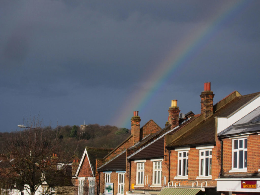 Severndroog Castle and rainbow from Westmount Road