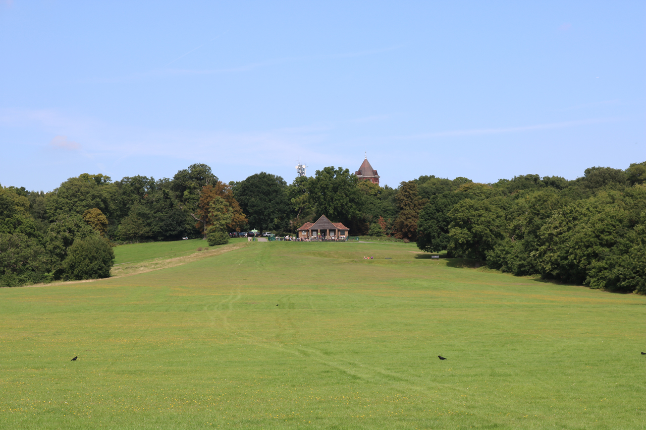 Oxleas Meadow, showing the cafe and the water tower