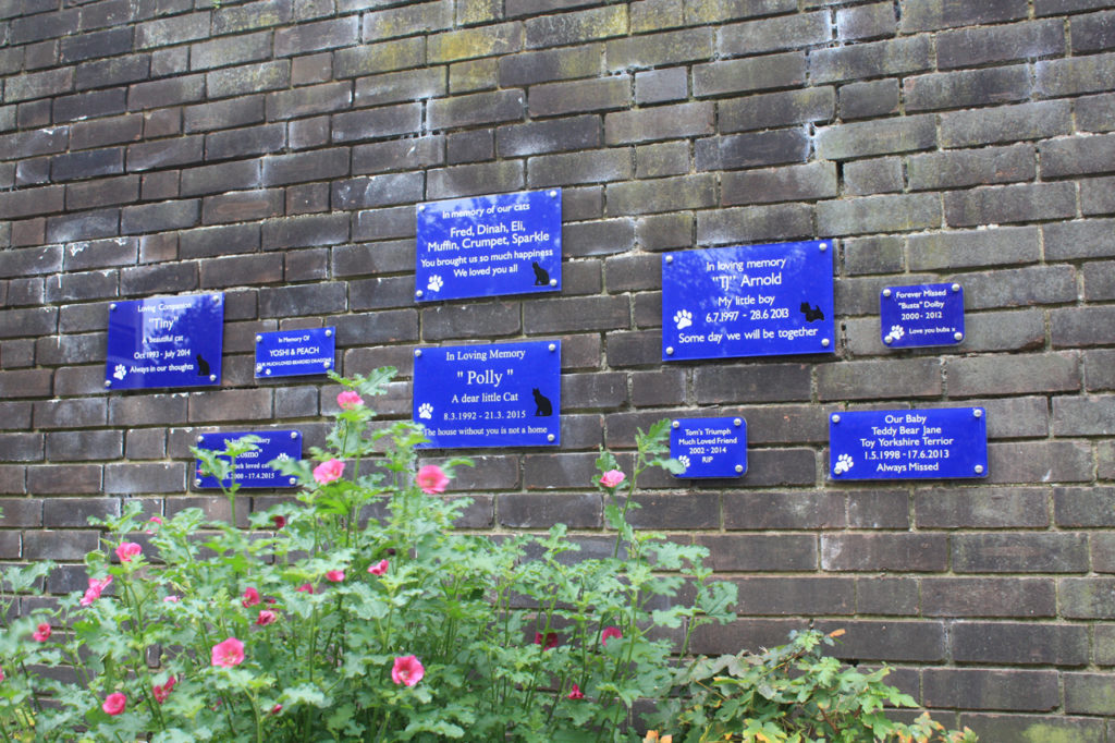 Memorial plaques in the Old Blue Cross Pet Cemetery 